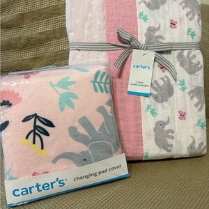 Carter's Pink and Gray Elephant Swaddle and Pad Cover Set